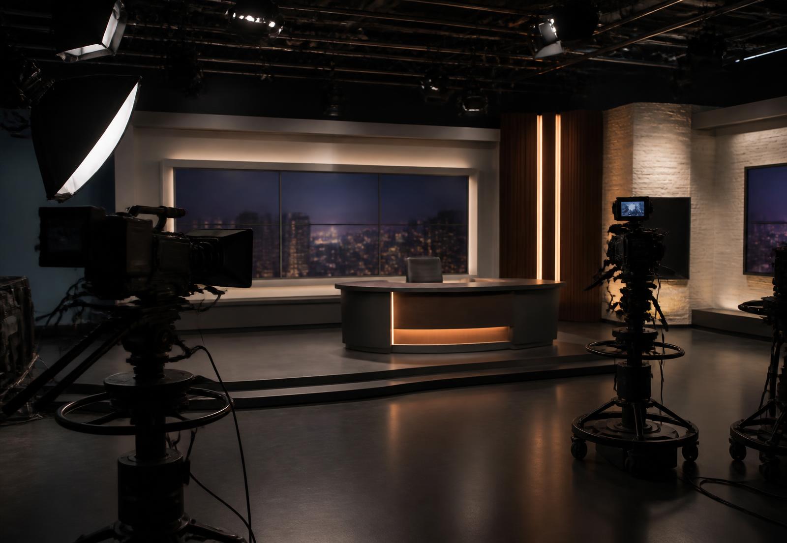 Professional television studio with broadcast cameras and lighting